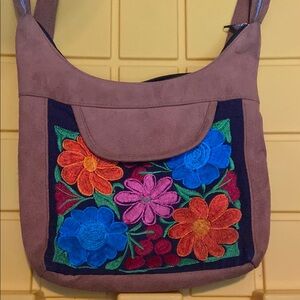 Floral Embroidered Brown Crossbody Bag
